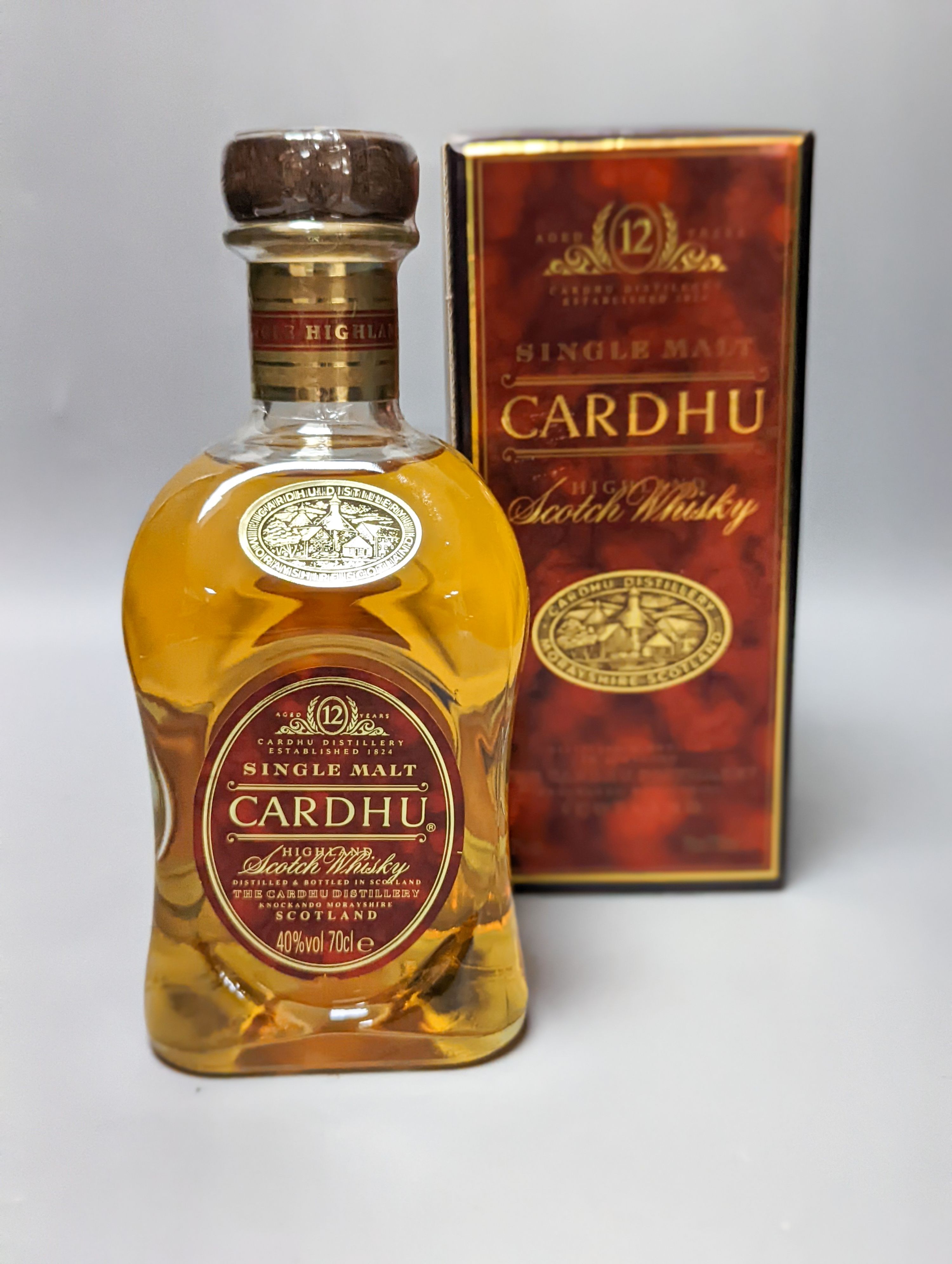 Four assorted bottle of single malt whisky including The Dalmore 12 years old, The Glendronach Original aged 12 years, Cardhu aged 12 years and The Glenrothes distilled in 1989, three boxed.